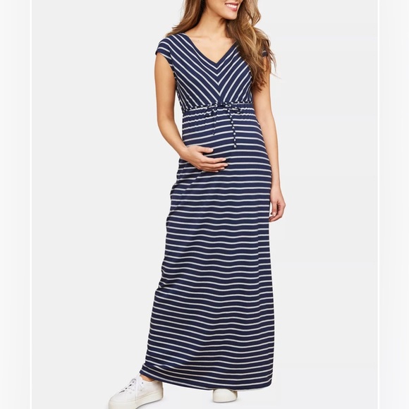 Motherhood Maternity Dresses & Skirts - Motherhood Maternity Navy & Gray Stripped Ankle Length Dress (XL)